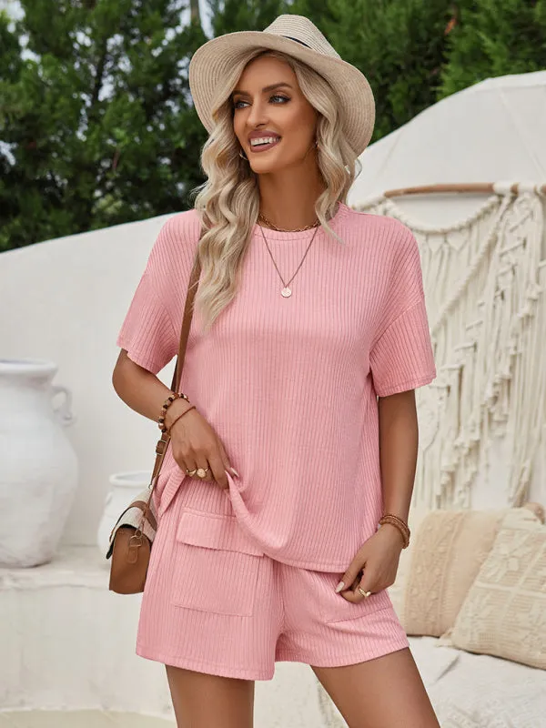 Blue Zone Planet |  Loose round neck solid color short sleeve top and shorts suit