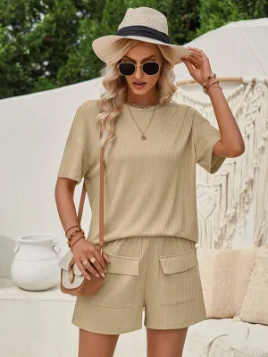 Blue Zone Planet |  Loose round neck solid color short sleeve top and shorts suit