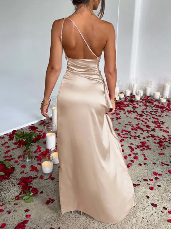 Blue Zone Planet |  One shoulder satin slit floor length party dress