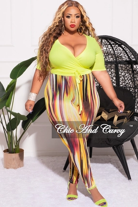 Flexible Durability No Gap Waist Final Sale Plus Size 2pc Long Sleeve Crop Tie Top and Mesh Pants in Neon Green Multi Color