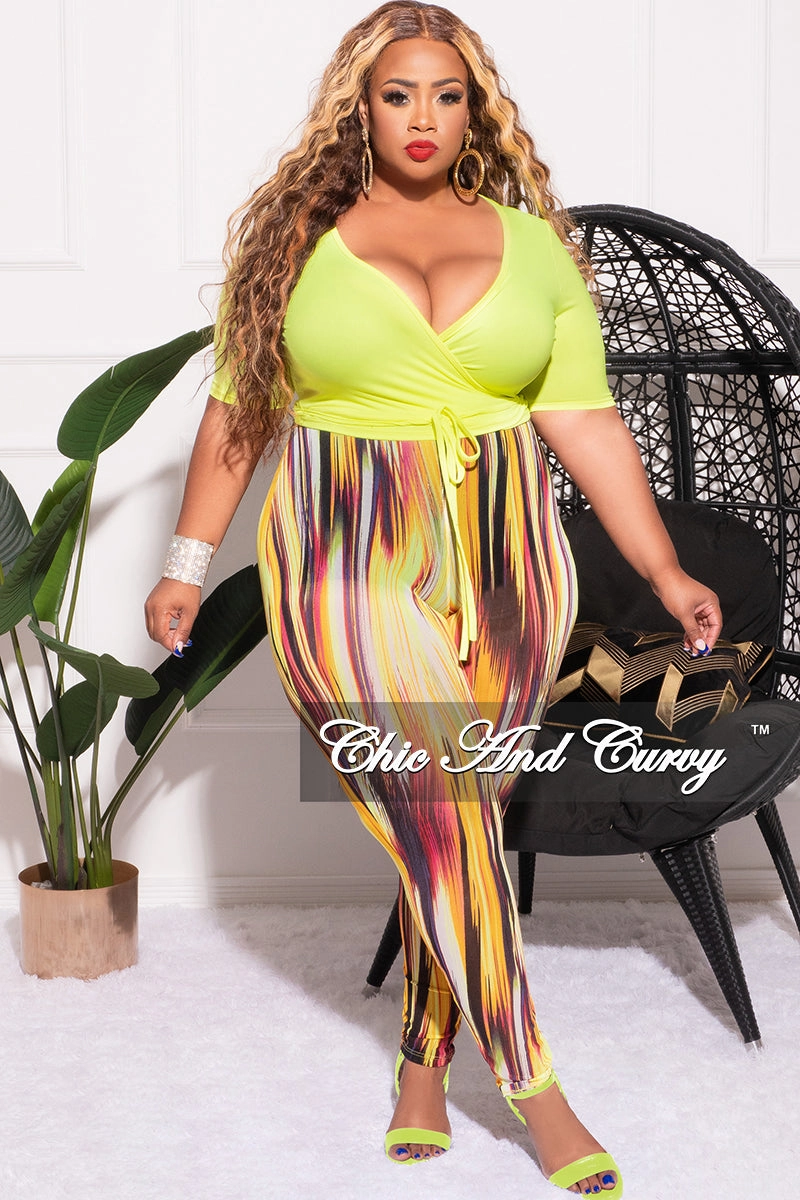 Flexible Durability No Gap Waist Final Sale Plus Size 2pc Long Sleeve Crop Tie Top and Mesh Pants in Neon Green Multi Color