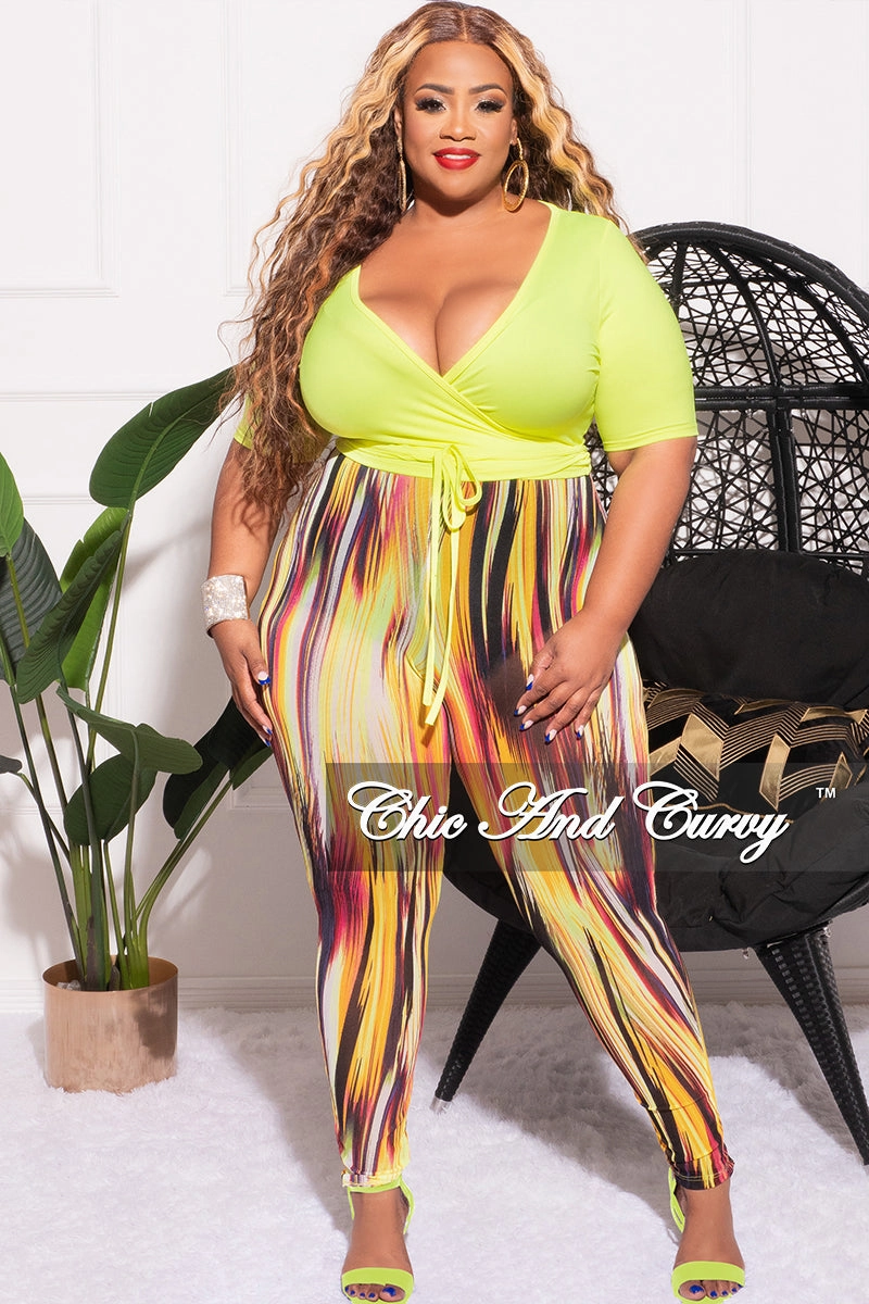Water Repellent Unisex style Final Sale Plus Size 2pc Long Sleeve Crop Tie Top and Mesh Pants in Neon Green Multi Color