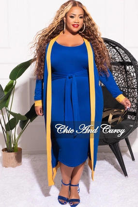 Stretchable Waist Training Comfort Final Sale Plus Size 2pc Set Duster & Tank Tie Dress in Royal Blue & Gold