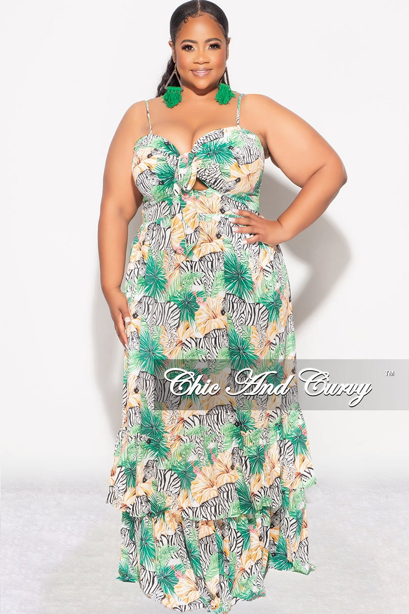 Classy Fit Flex Fit Design Final Sale Plus Size Tank Maxi Dress in Chiffon in Green with Zebra Print Summer