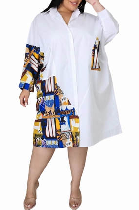 Full Flex Final Sale Plus Size Shirt Dress with Blue & Yellow Kitty Print