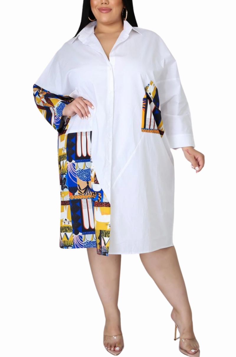 Perfect Pair Final Sale Plus Size Shirt Dress with Blue & Yellow Kitty Print