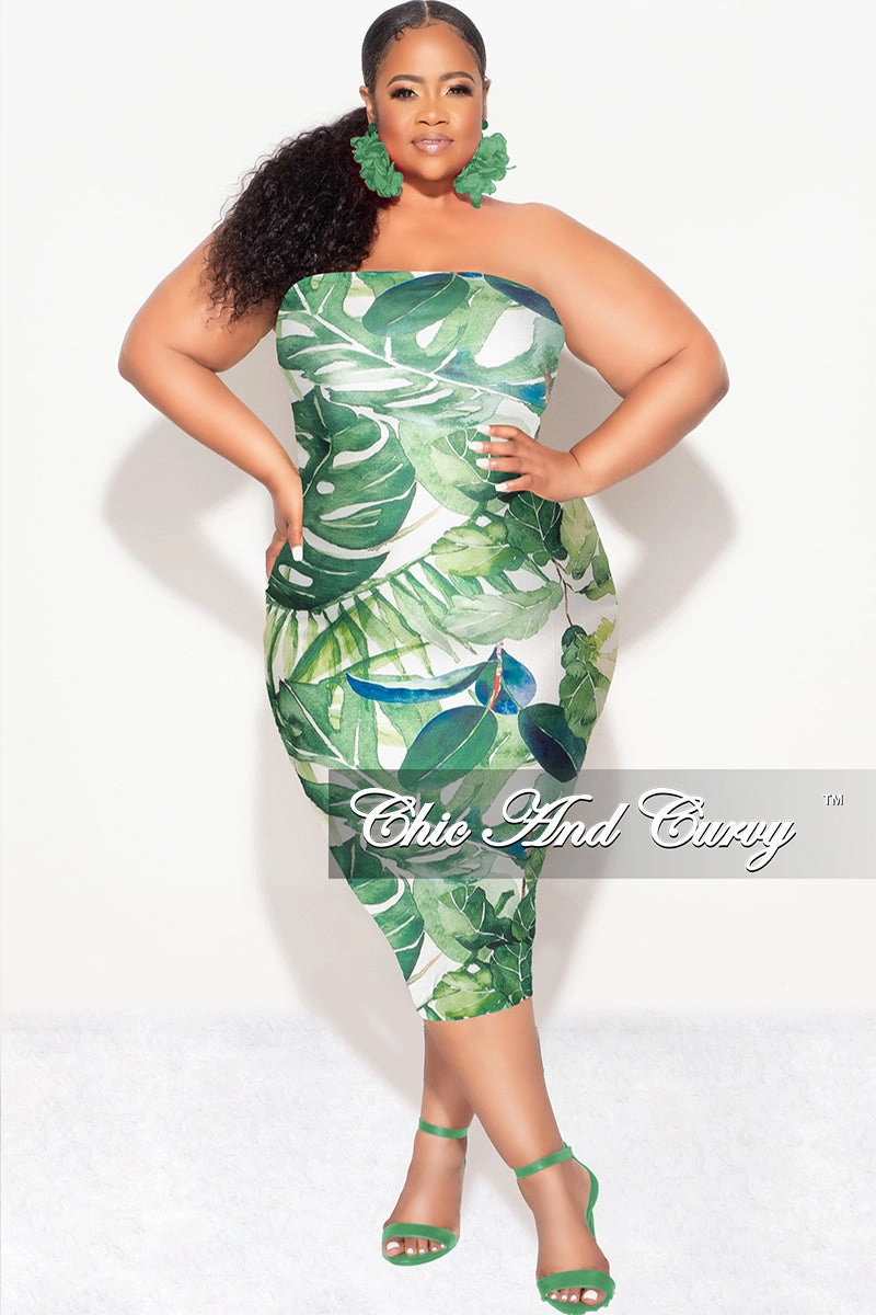 Final Sale Plus Size Strapless Tube BodyCon Dress in Green & White Leaf Print Classic Fit