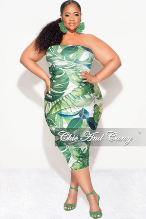 Final Sale Plus Size Strapless Tube BodyCon Dress in Green & White Leaf Print Classic Fit