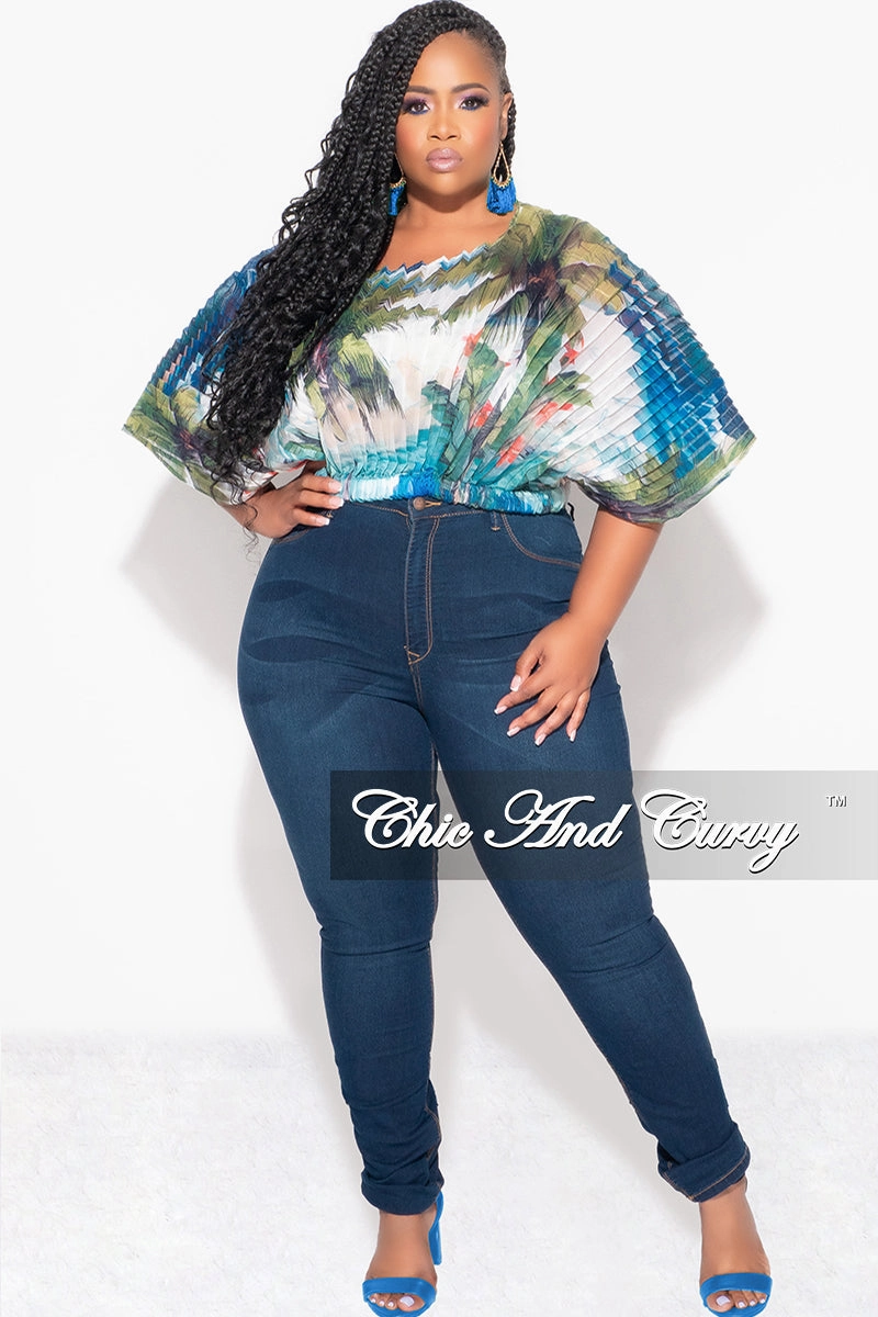 SnagFreeFabric Final Sale Plus Size Sheer Pleated Top in Olive & Blue Palm Print