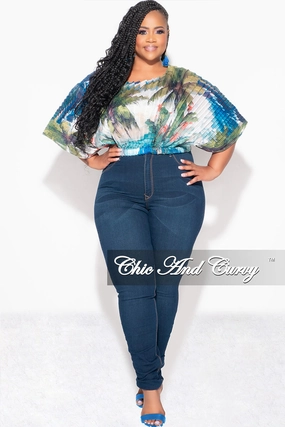 Final Sale Plus Size Sheer Pleated Top in Olive & Blue Palm Print High Mobility