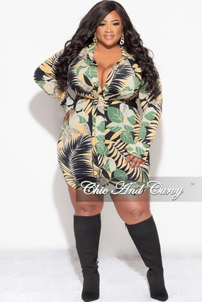 Final Sale Plus Size Faux Wrap BodyCon Dress in Mustard Black and Olive Palm Print Minimal Vibe Breath Flex