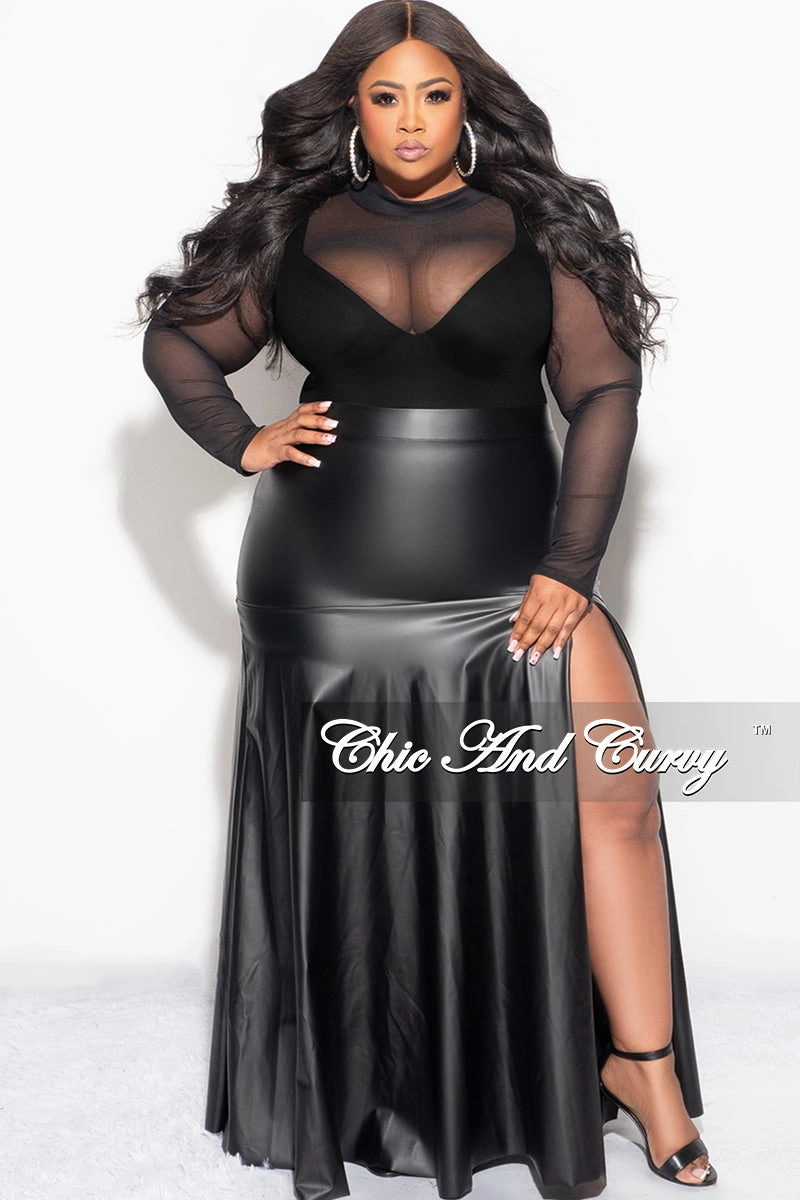 Smooth Texture Final Sale Plus Size Faux Leather Maxi Skirt with Front High Slit in Black