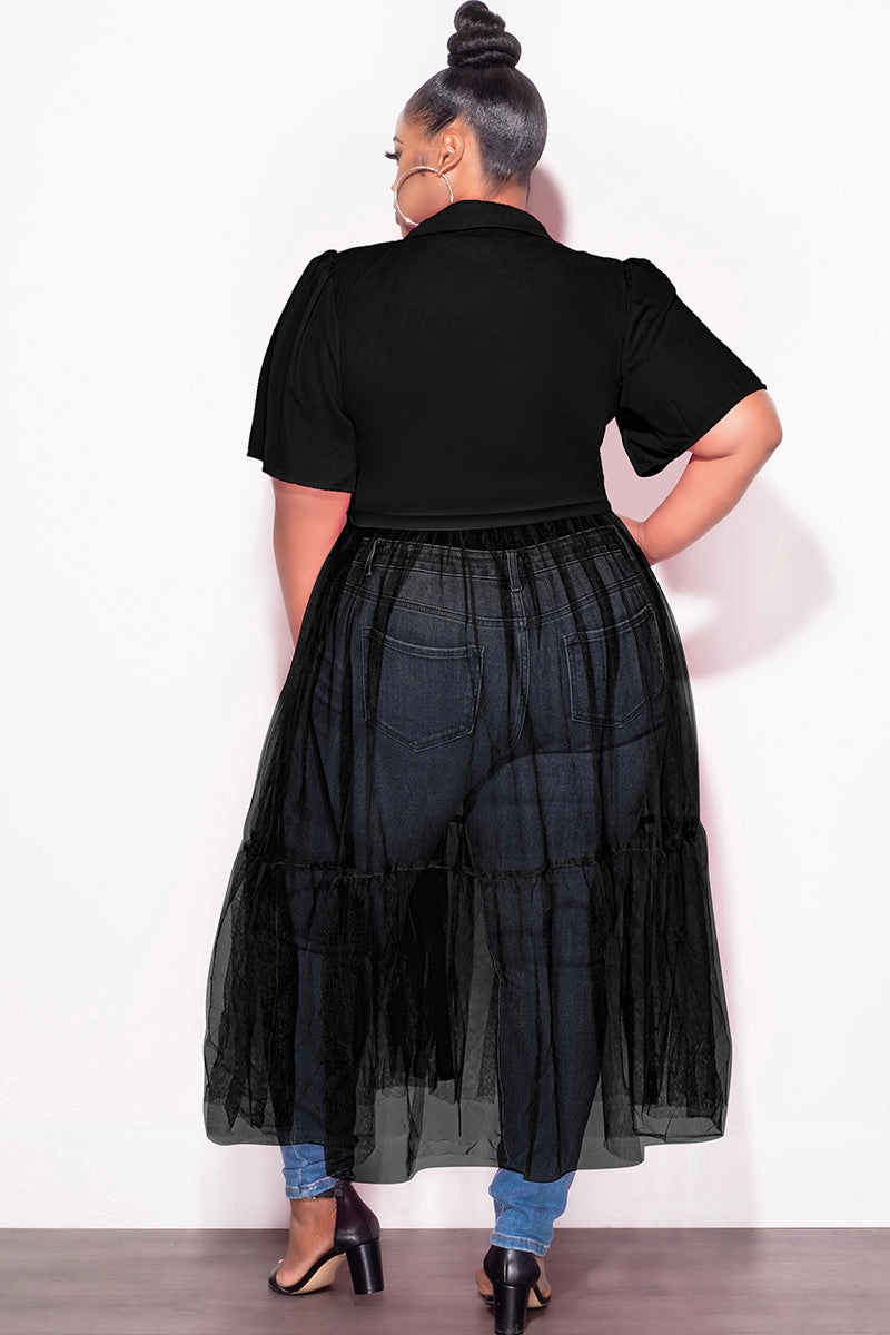 Flattering Cut No Ride Fit Final Sale Plus Size Top with Sheer Detail in Black