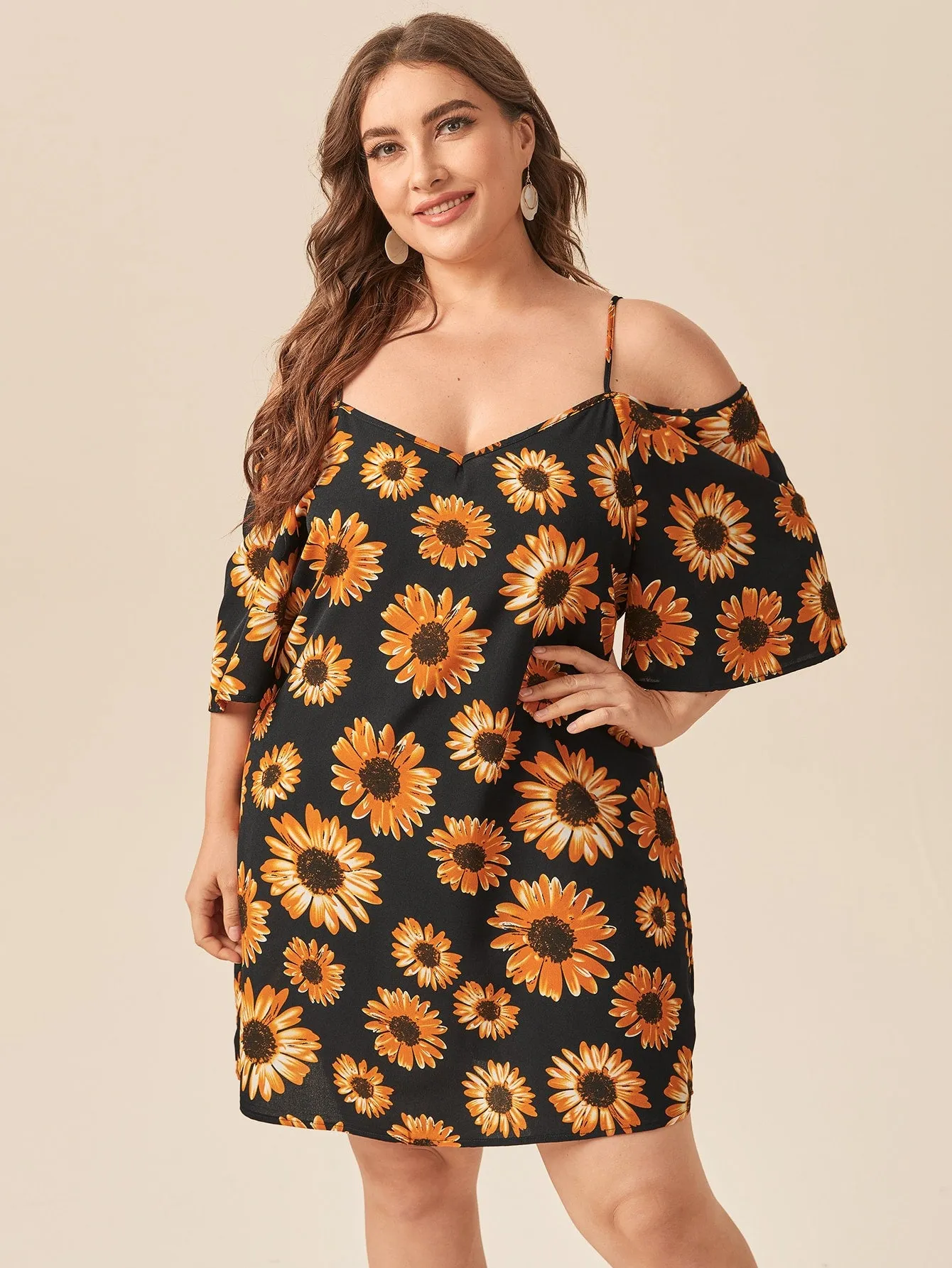 Boho All Over Print Half Sleeve Cold Shoulder Straight Short Plus Size Dress