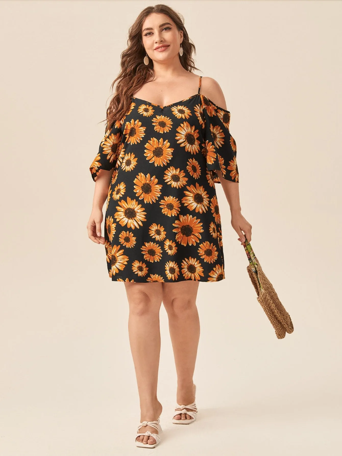 Boho All Over Print Half Sleeve Cold Shoulder Straight Short Plus Size Dress