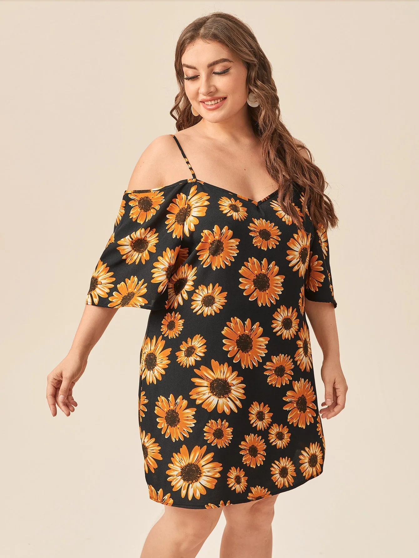Boho All Over Print Half Sleeve Cold Shoulder Straight Short Plus Size Dress