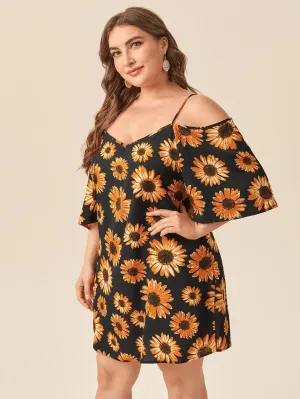 Boho All Over Print Half Sleeve Cold Shoulder Straight Short Plus Size Dress