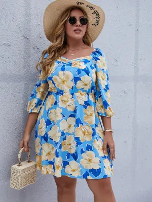 Boho All Over Print Ruched Three Quarter Length Sleeve Square Neck Flared High Waist Short Plus Size Dress