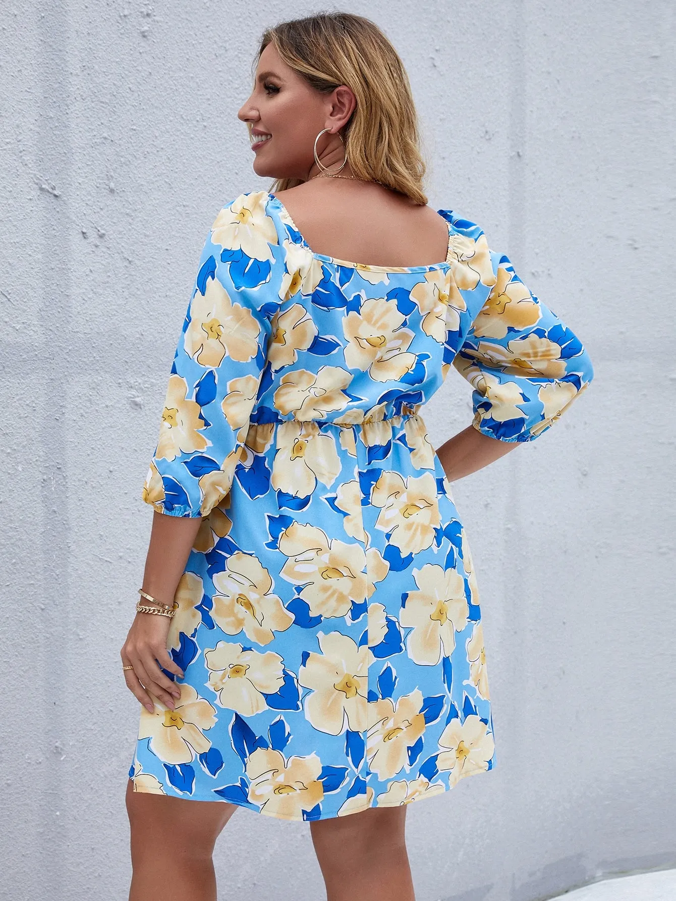 Boho All Over Print Ruched Three Quarter Length Sleeve Square Neck Flared High Waist Short Plus Size Dress