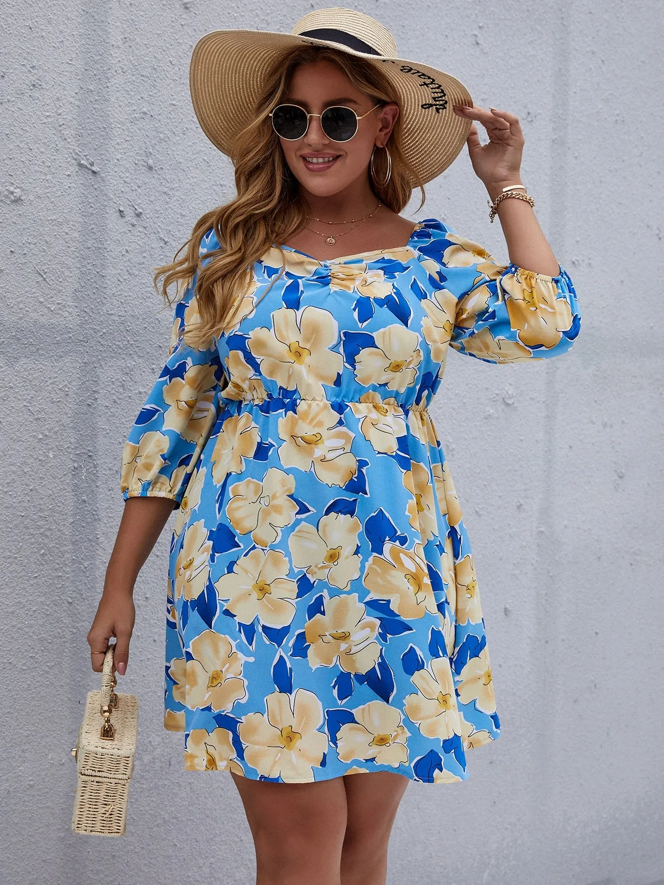 Boho All Over Print Ruched Three Quarter Length Sleeve Square Neck Flared High Waist Short Plus Size Dress