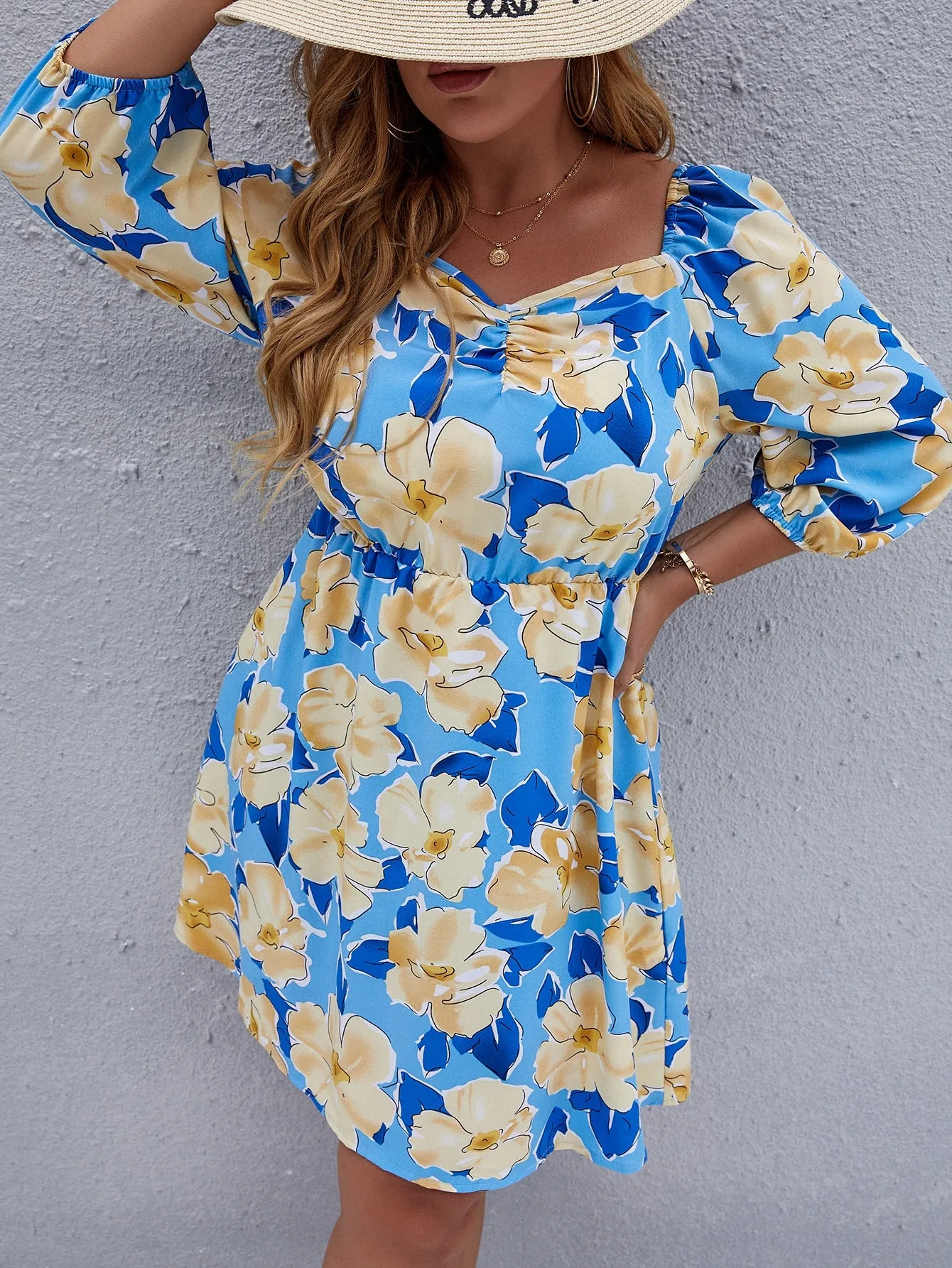 Boho All Over Print Ruched Three Quarter Length Sleeve Square Neck Flared High Waist Short Plus Size Dress
