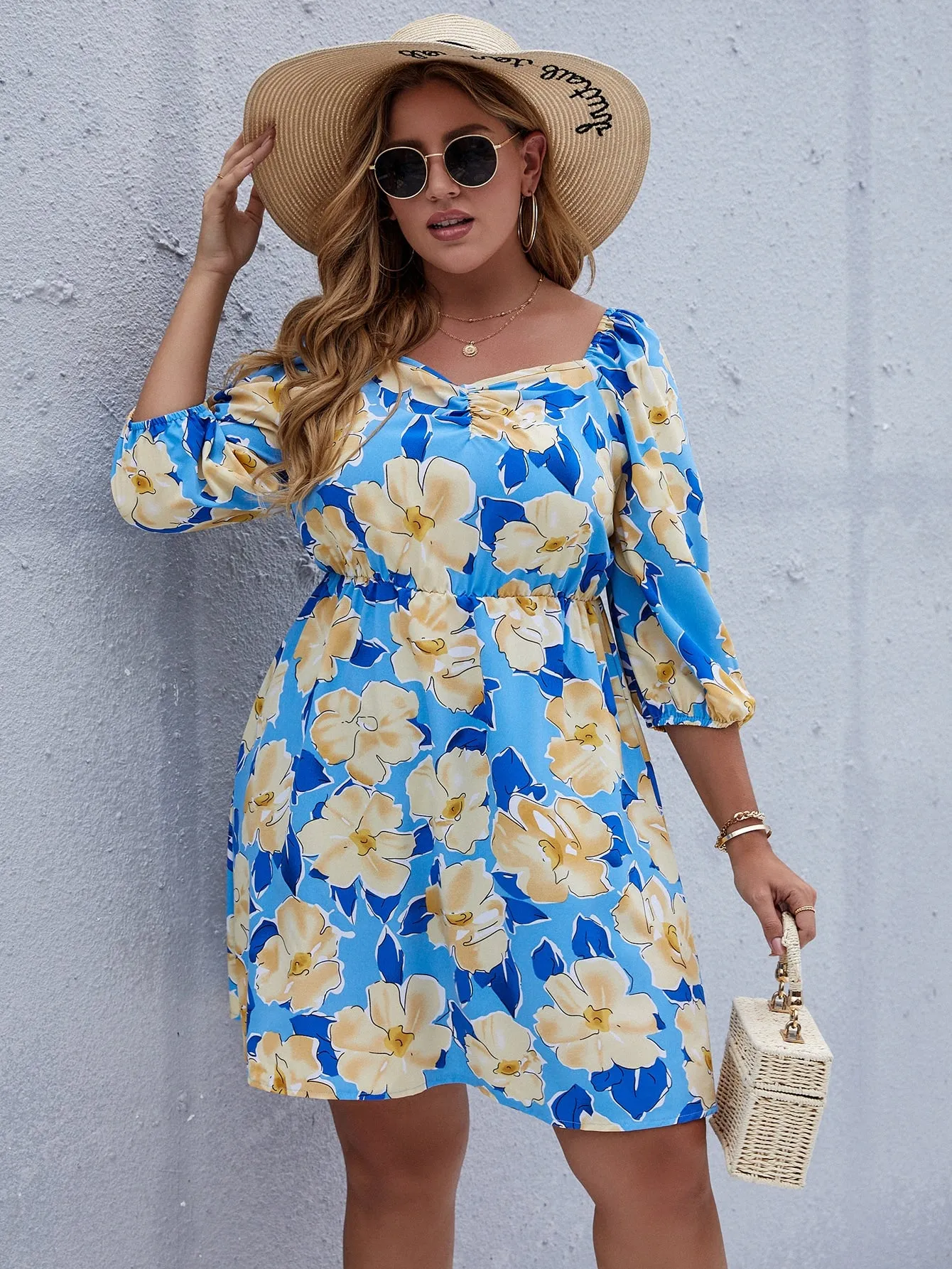Boho All Over Print Ruched Three Quarter Length Sleeve Square Neck Flared High Waist Short Plus Size Dress
