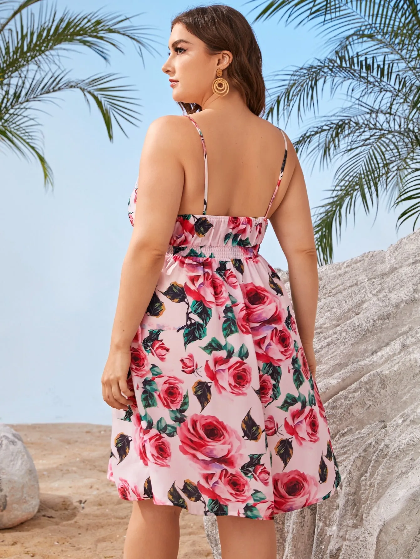 Boho All Over Print Shirred Sleeveless Spaghetti Strap Flared High Waist Knee Length Plus Size Dress