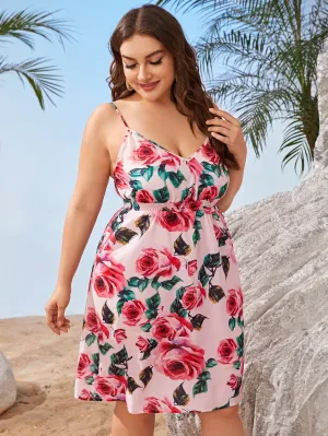 Boho All Over Print Shirred Sleeveless Spaghetti Strap Flared High Waist Knee Length Plus Size Dress