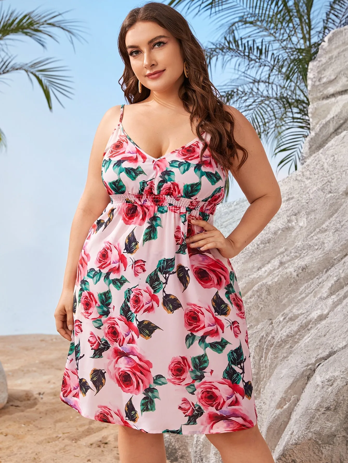 Boho All Over Print Shirred Sleeveless Spaghetti Strap Flared High Waist Knee Length Plus Size Dress