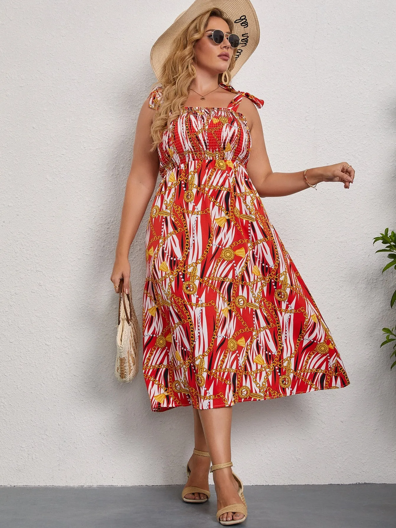 Boho Chain Print Shirred Sleeveless Straps Flared High Waist Midi Plus Size Dress