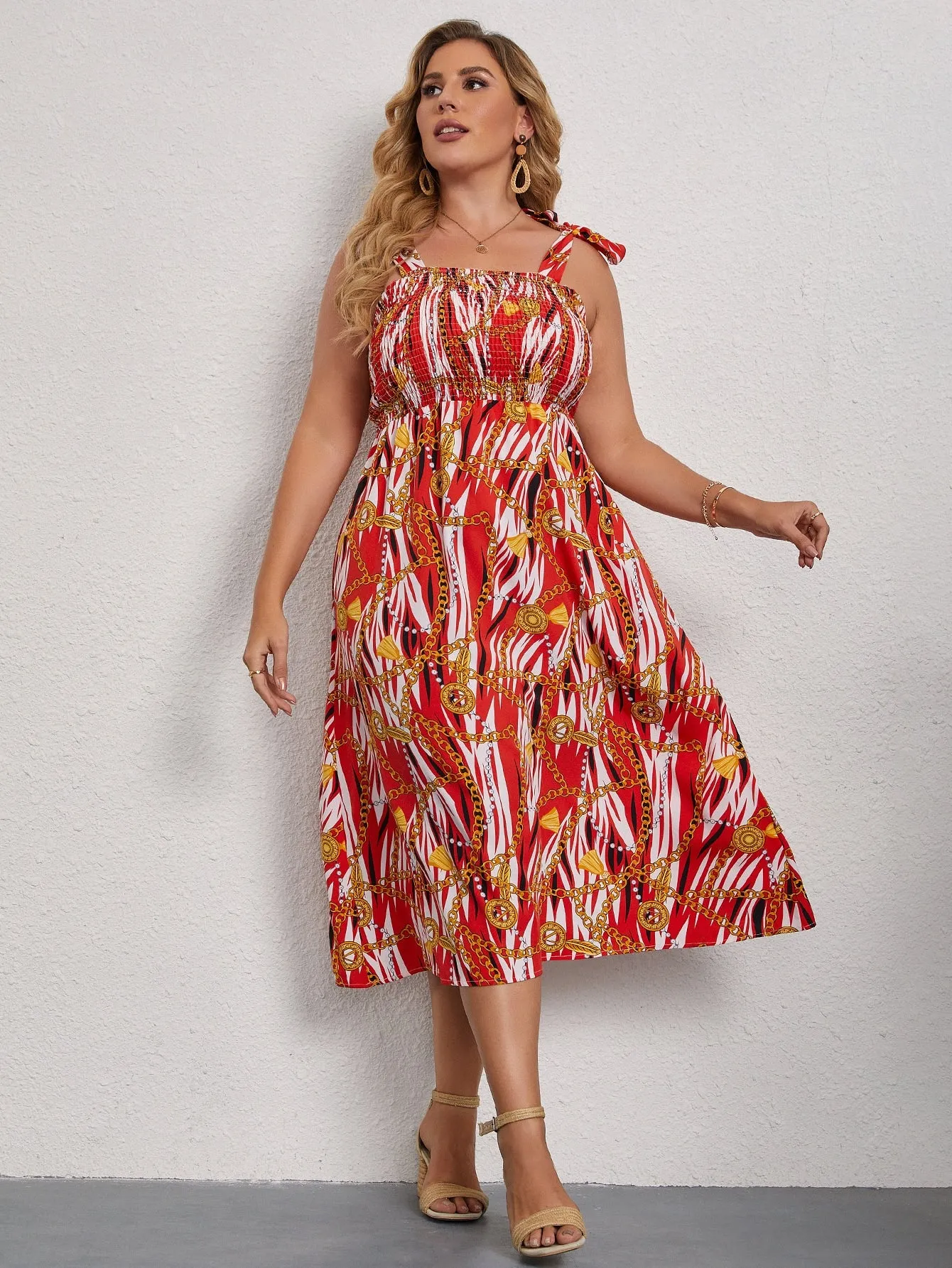 Boho Chain Print Shirred Sleeveless Straps Flared High Waist Midi Plus Size Dress