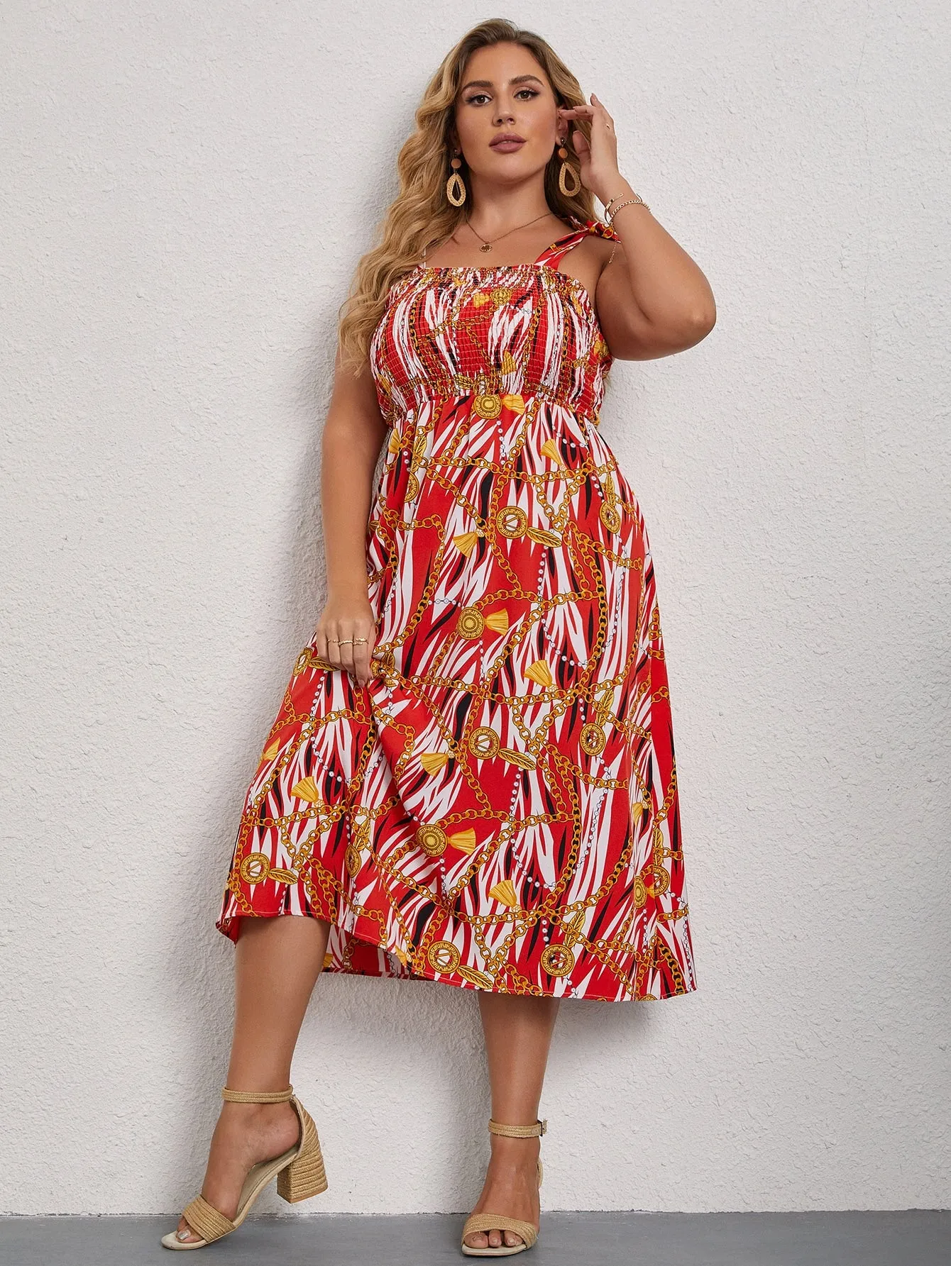 Boho Chain Print Shirred Sleeveless Straps Flared High Waist Midi Plus Size Dress