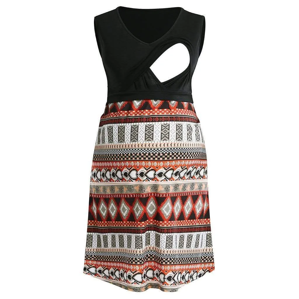 Boho-Chic Printed Sleeveless Nursing Dress