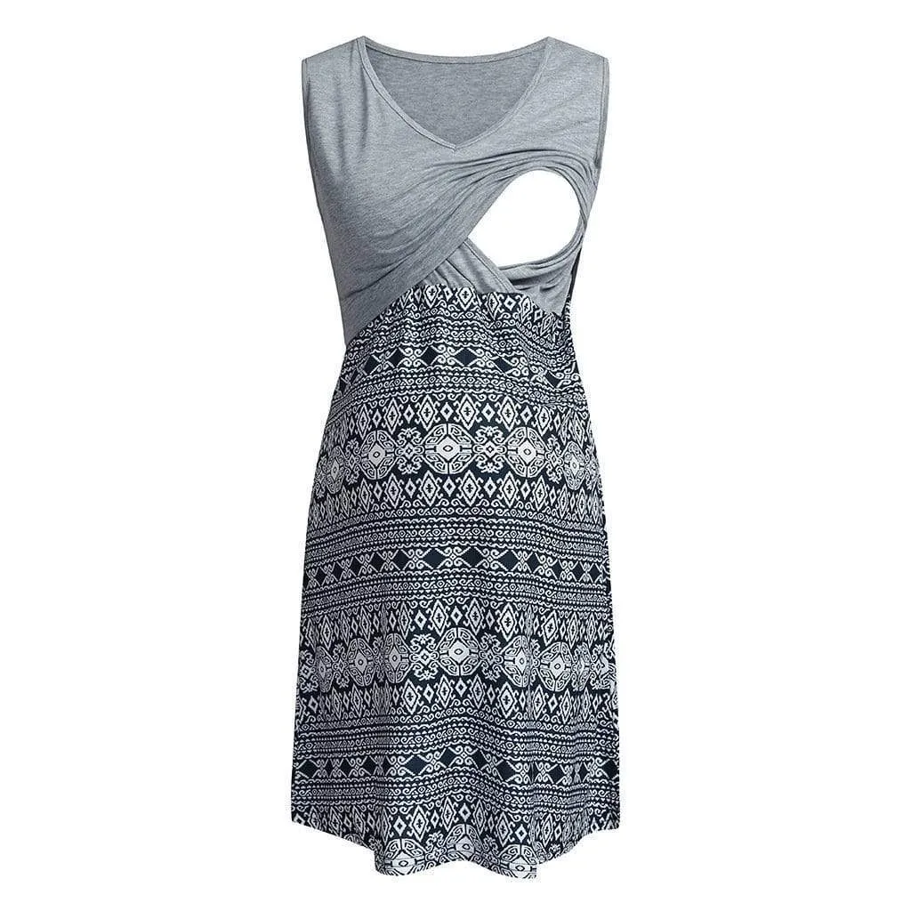 Boho-Chic Printed Sleeveless Nursing Dress