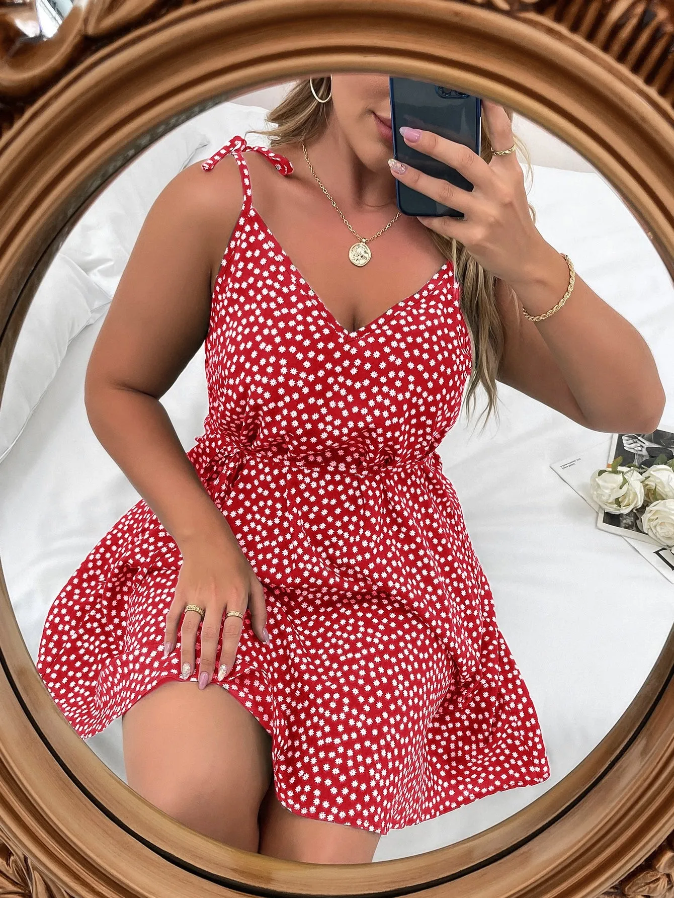 Boho Ditsy Floral Knot Sleeveless Spaghetti Strap Flared High Waist Short Plus Dress