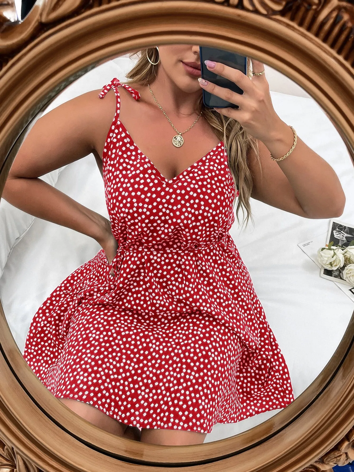 Boho Ditsy Floral Knot Sleeveless Spaghetti Strap Flared High Waist Short Plus Dress