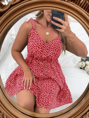 Boho Ditsy Floral Knot Sleeveless Spaghetti Strap Flared High Waist Short Plus Dress