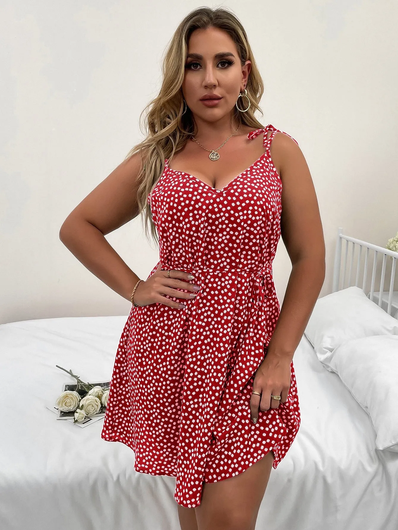 Boho Ditsy Floral Knot Sleeveless Spaghetti Strap Flared High Waist Short Plus Dress