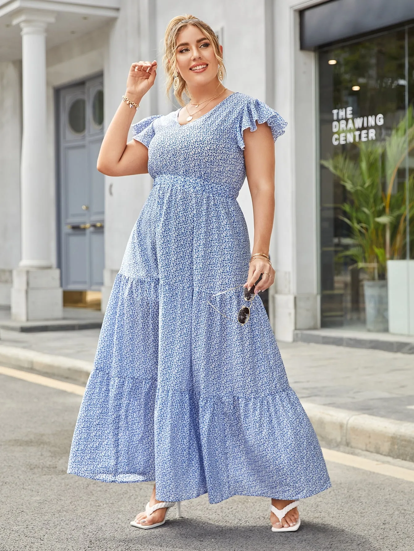 Boho Ditsy Floral Ruffle Hem Short Sleeve V Neck Flounce High Waist Maxi Plus Size Dress