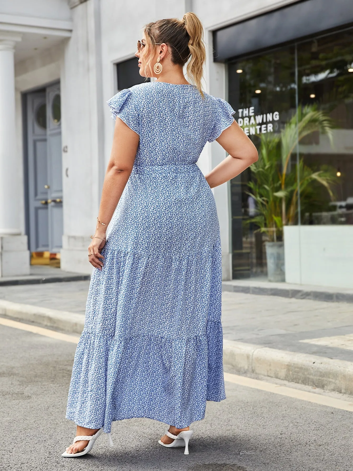 Boho Ditsy Floral Ruffle Hem Short Sleeve V Neck Flounce High Waist Maxi Plus Size Dress
