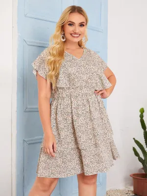 Boho Ditsy Floral Ruffle Short Sleeve V Neck Layered/Tiered High Waist Short Plus Size Dress