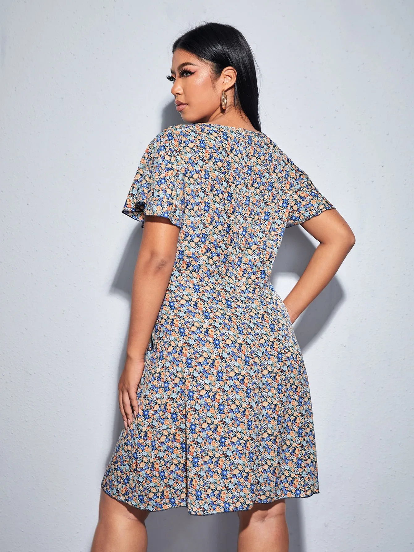 Boho Ditsy Floral Tie Front Short Sleeve V Neck Wrap High Waist Short Plus Size Dress
