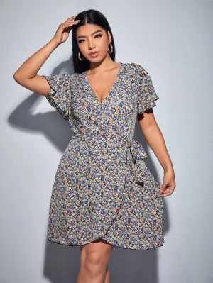 Boho Ditsy Floral Tie Front Short Sleeve V Neck Wrap High Waist Short Plus Size Dress