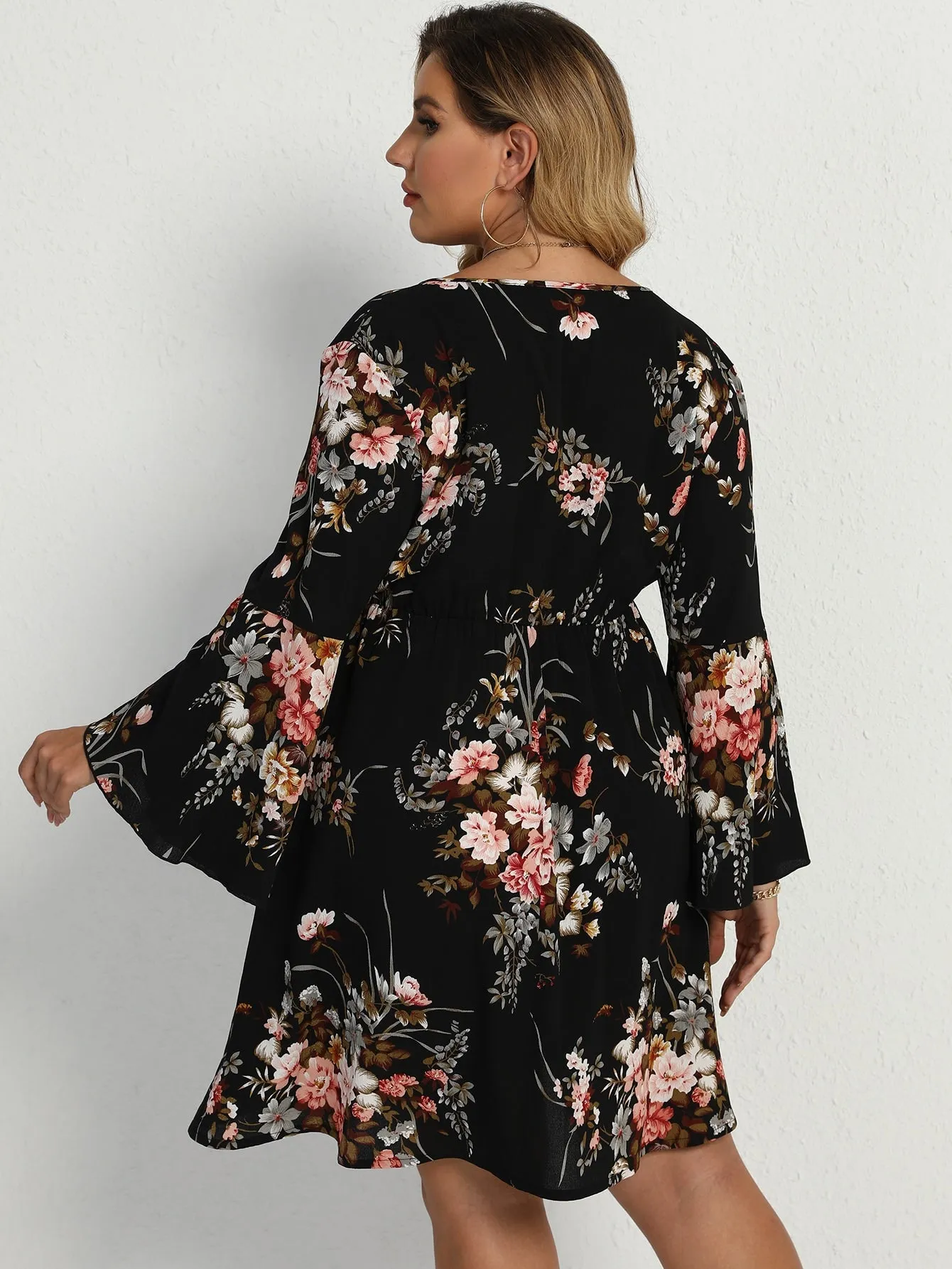 Boho Floral Long Sleeve Deep V-Neck Flared High Waist Short Plus Dress
