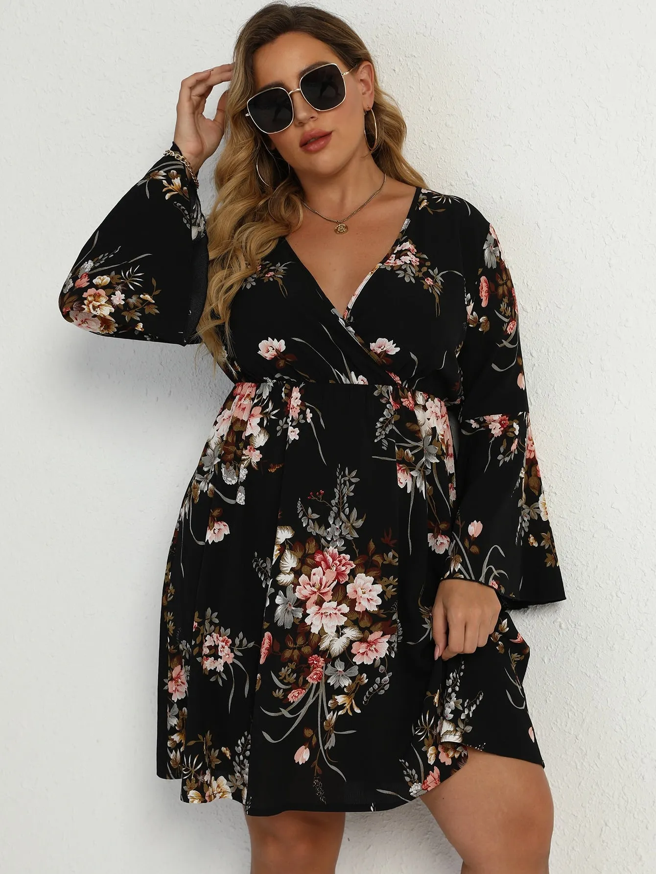 Boho Floral Long Sleeve Deep V-Neck Flared High Waist Short Plus Dress
