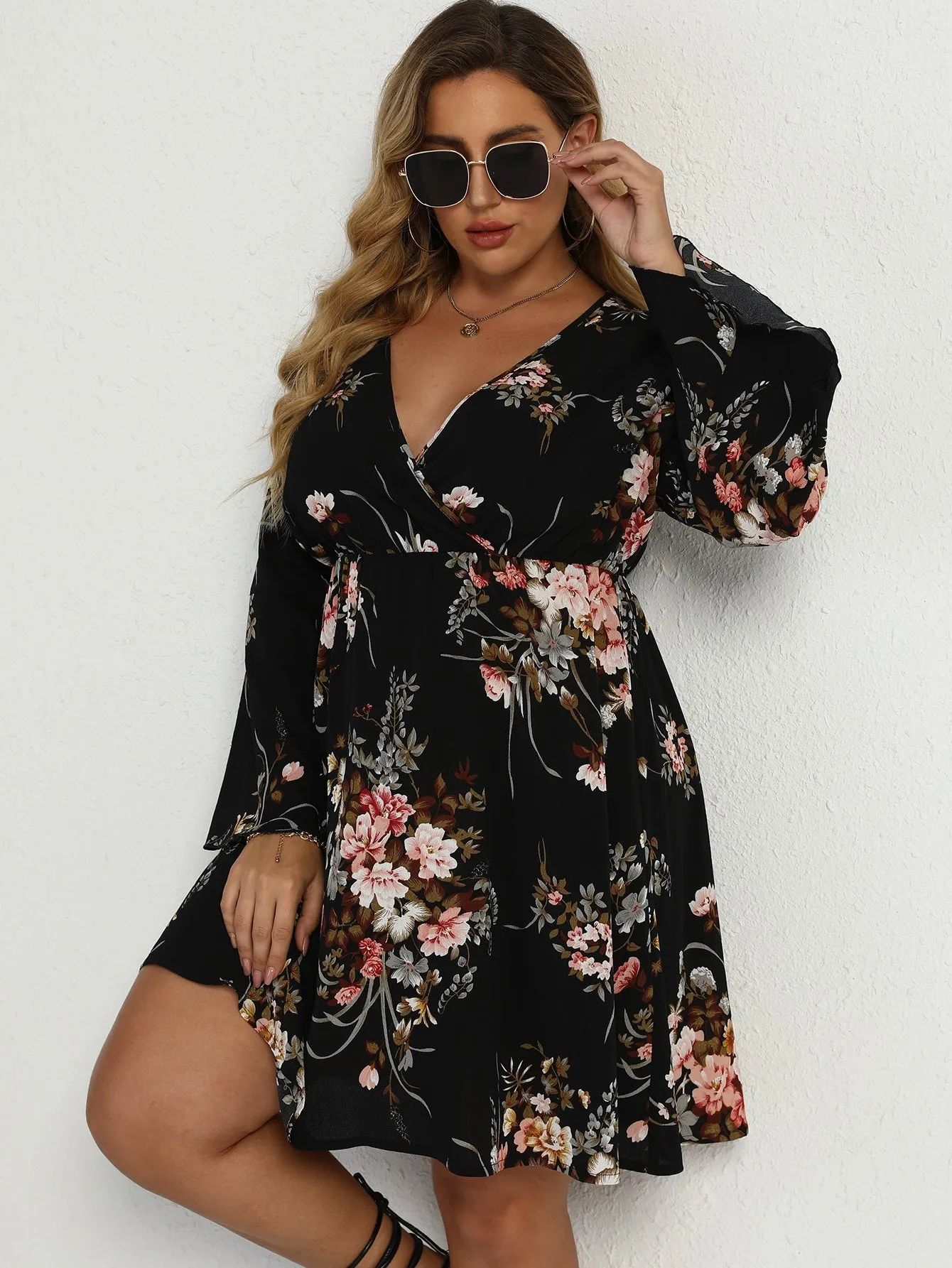 Boho Floral Long Sleeve Deep V-Neck Flared High Waist Short Plus Dress
