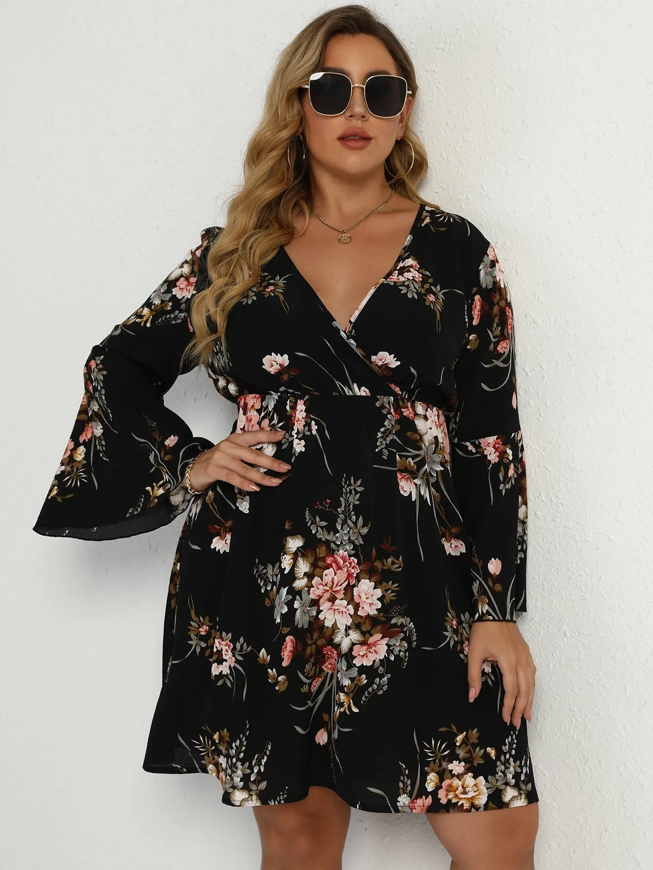 Boho Floral Long Sleeve Deep V-Neck Flared High Waist Short Plus Dress
