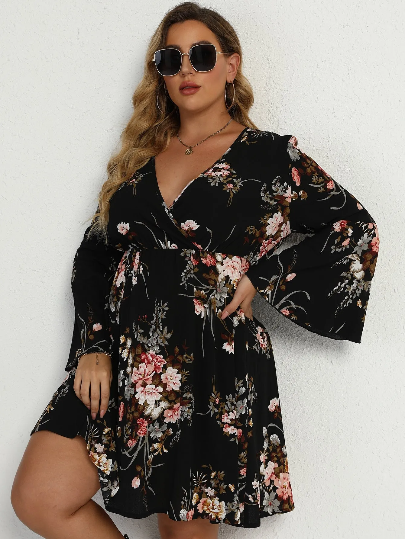 Boho Floral Long Sleeve Deep V-Neck Flared High Waist Short Plus Dress