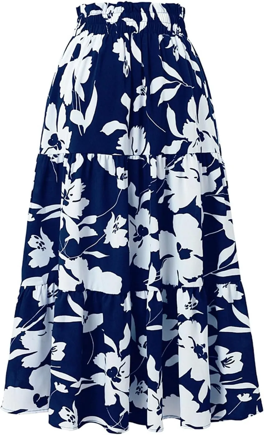Boho Floral Maxi Skirts for Women Womens A-Line Pleated Long Skirts High Waisted Flowy Summer Dresses