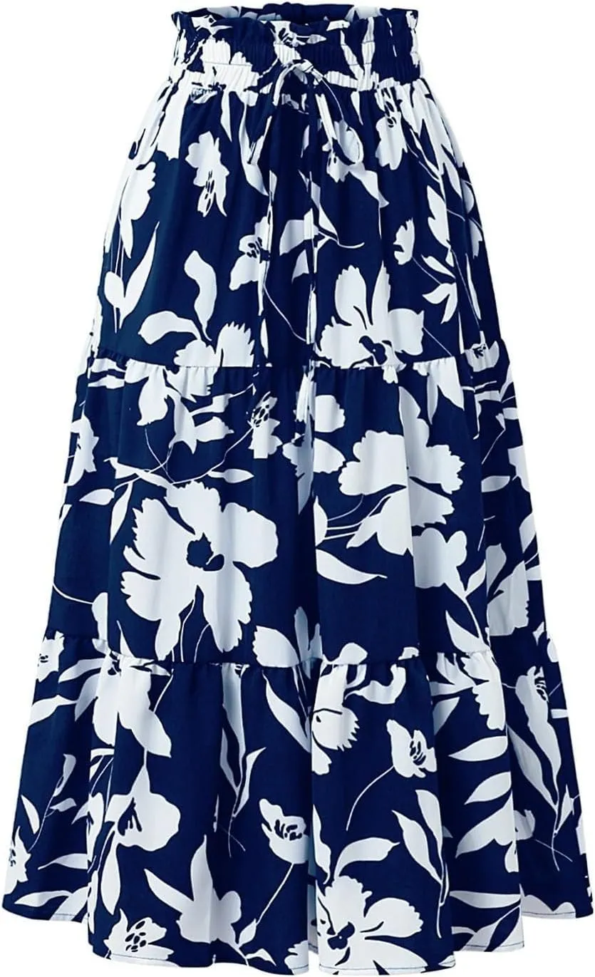 Boho Floral Maxi Skirts for Women Womens A-Line Pleated Long Skirts High Waisted Flowy Summer Dresses